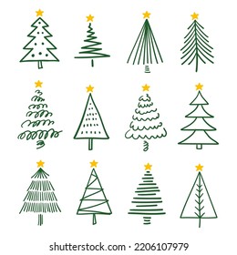 Conjunto de elementos de árbol de navidad dibujados a mano en ilustración vectorial estilo doodle