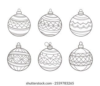 Set of hand drawn Christmas tree balls with ornaments. Design for children's coloring book. Illustration