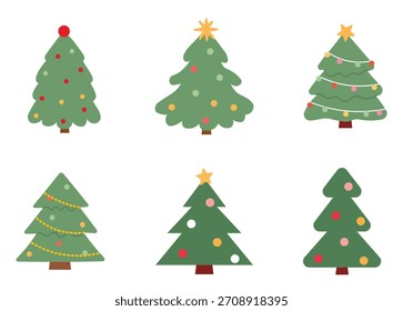 Set of hand drawn Christmas tree illustrations in cozy festive style, simple holiday pine shapes with decorative ornaments, perfect for greeting cards, stickers, packaging