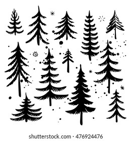 Set of hand drawn Christmas tree and splatter. Fir tree silhouettes. Vector illustration.