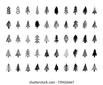 Set Of Hand Drawn Christmas Tree Icons. Vector Illustration