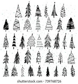 Set of hand drawn christmas tree. Holiday decoration isolated elements. Vector illustration. Use for Greeting Scrapbooking, Congratulations, Invitations.