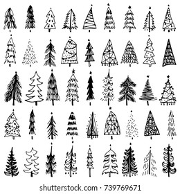 Set of hand drawn christmas tree. Holiday decoration isolated elements. Vector illustration. Use for Greeting Scrapbooking, Congratulations, Invitations.