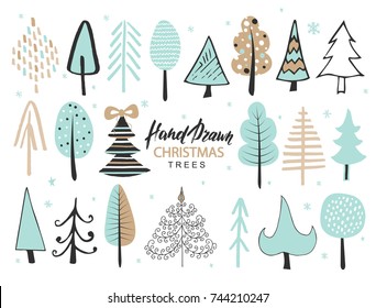 Set of hand drawn christmas tree. Holiday decoration isolated elements. Vector illustration