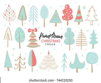 Set of hand drawn christmas tree. Holiday decoration isolated elements. Vector illustration