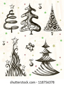 Set of hand drawn christmas trees. EPS 10