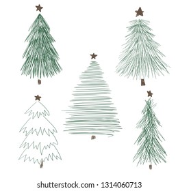 Set of hand drawn christmas trees. Holidays background. Abstract drawing drawing of a forest. Vector illustration
