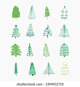 Set of hand drawn of Christmas trees. Holidays background. Abstract doodle drawing of fir trees