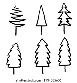 Set of hand drawn Christmas trees. Collection of black and white Christmas trees. doodle cartoon