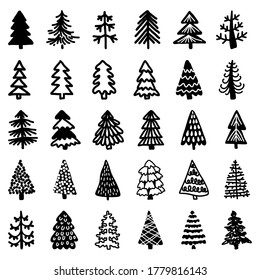 Set of hand drawn christmas trees. Holidays background. Abstract doodle drawing of a forest. Isolated on white background.Vector illustration.