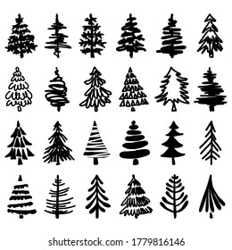 Set of hand drawn christmas trees. Holidays background. Abstract doodle drawing of a forest. Isolated on white background.Vector illustration.