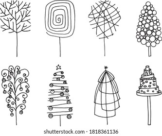 Set of hand drawn christmas trees. Group of vector trees illustrated in black pencil. Trees made with black strokes on a white background.