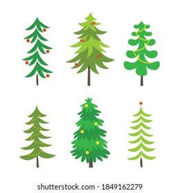 Set of hand drawn Christmas trees with Christmas decorations. Holidays background. Vector illustration. Design element