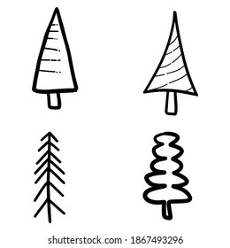 Set of hand drawn christmas trees, decoration trees, hand drawn, handmade rough doodles. Happy New Year, Merry Christmas, Xmas related doodles on white background. End year holidays EPS Vector