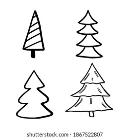 Set of hand drawn christmas trees, decoration trees, hand drawn, handmade rough doodles. Happy New Year, Merry Christmas, Xmas related doodles on white background. End year holidays EPS Vector