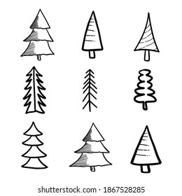 Set of hand drawn christmas trees, decoration trees, hand drawn, handmade rough doodles. Happy New Year, Merry Christmas, Xmas related doodles on white background. End year holidays EPS Vector