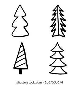 Set of hand drawn christmas trees, decoration trees, hand drawn, handmade rough doodles. Happy New Year, Merry Christmas, Xmas related doodles on white background. End year holidays EPS Vector
