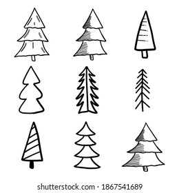 Set of hand drawn christmas trees, decoration trees, hand drawn, handmade rough doodles. Happy New Year, Merry Christmas, Xmas related doodles on white background. End year holidays EPS Vector