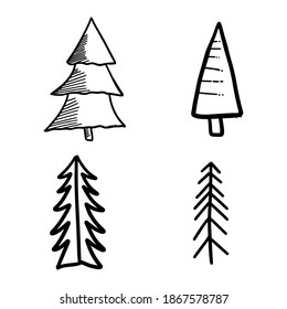 Set of hand drawn christmas trees, decoration trees, hand drawn, handmade rough doodles. Happy New Year, Merry Christmas, Xmas related doodles on white background. End year holidays EPS Vector