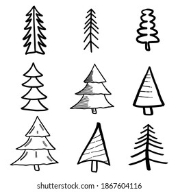 Set of hand drawn christmas trees, decoration trees, hand drawn, handmade rough doodles. Happy New Year, Merry Christmas, Xmas related doodles on white background. End year holidays EPS Vector