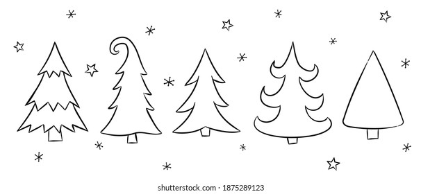 Set of hand drawn Christmas trees with snowflakes and stars. Simple Contour elements in doodle style isolated on white background. Forest fairy objects. Vector illustration for kids design.
