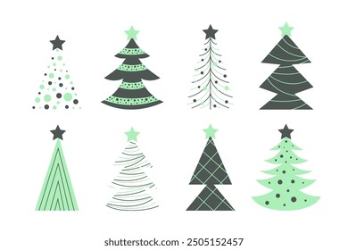 Conjunto de árboles de Navidad dibujados a mano. Ilustración vectorial plana Doodle