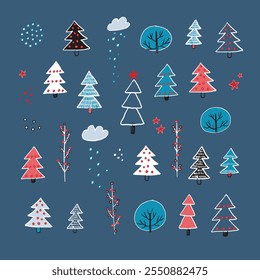 Set of hand drawn Christmas trees. Vector illustration. Doodle style.