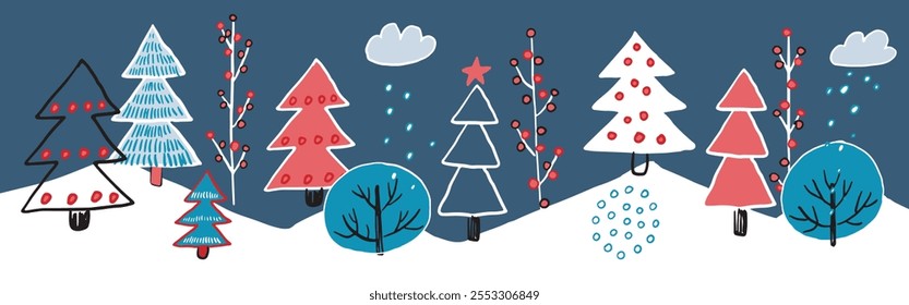 Set of hand drawn Christmas trees. Vector illustration. Doodle style.