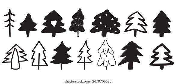 Conjunto de árvores de Natal desenhadas à mão. Ilustrações desenhadas à mão vetorial. Design gráfico de contorno e silhueta.