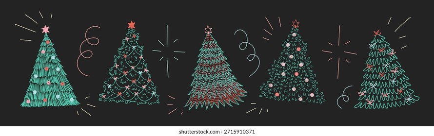 Set of hand drawn Christmas trees isolated. Vector sketch illustration.