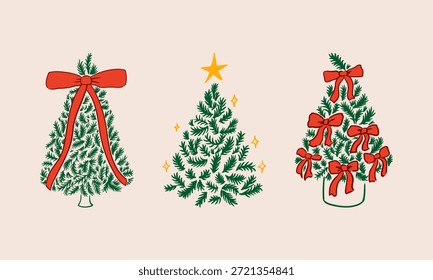 Conjunto de árboles de Navidad dibujados a mano con arcos rojos. Ilustración de vacaciones de Vector. Elegante Clipart vintage