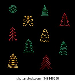 Set of hand drawn Christmas trees on black background. Vector illustration.