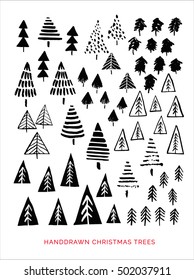 The set of hand drawn Christmas trees for your design. Abstract geometric symbols and shapes. 
