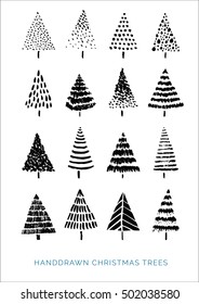The set of hand drawn Christmas trees for your design. Abstract geometric symbols and shapes. 