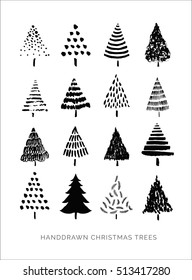 The set of hand drawn Christmas trees for your design. Abstract geometric symbols and shapes. 