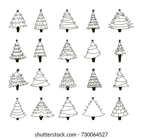 Set of hand drawn Christmas trees. Contour drawing. Black and white vector illustration. Happy New year decor. Winter collection.