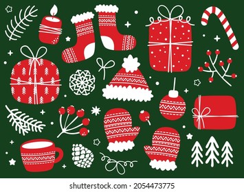 Set of hand drawn Christmas vector elements: gift box, socks, mittens, hat, snowflake, mug, candy, ball, candle, berries, Christmas tree.