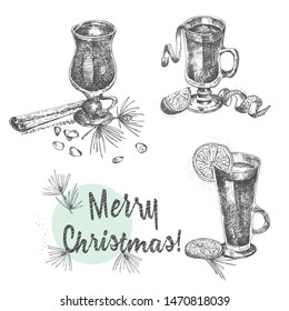 Set of hand drawn Christmas winter spices pattern and glasses of traditionally hot drinks. Mulled wine, eggnog, grog, cider, chocolate. For design menu, recipes, greeting cards. Vector illustration