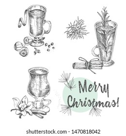 Set of hand drawn Christmas winter spices pattern and glasses of traditionally hot drinks. Mulled wine, eggnog, grog, cider, chocolate. For design menu, recipes, greeting cards. Vector illustration