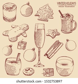 Set of hand drawn Christmas and winter drinks and sweets:  eggnog, cinnamon, cookies, Christmas decorations, glass of champagne. Pink and red sketch with line art.