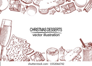 Set of hand drawn Christmas and winter drinks and sweets:  eggnog, cinnamon, cookies, Christmas decorations, glass of champagne Elements isolated on white background. Sketch with line art.