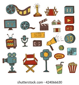 set of hand drawn cinema doodles film vector illustration