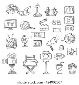 set of hand drawn cinema doodles film vector illustration