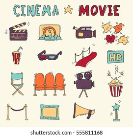 Set of hand drawn cinema icons