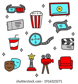 Set of hand drawn cinema and movie vector illustration isolated on white background