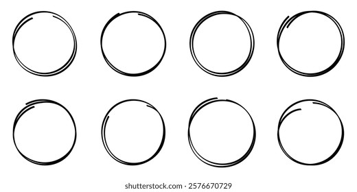 Set of hand drawn circle doodles in various styles. Collection of unique hand drawn circles. Abstract hand drawn circular shapes. Scribbles created with pencil and pen. Hand drawn circles outline.
