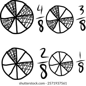 set hand drawn circle of equivalent fractions in mathematics, doodle of decimal fractions, circle segments