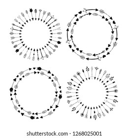 Set of hand drawn circle frame with cute arrows. Vector isolated illustration.