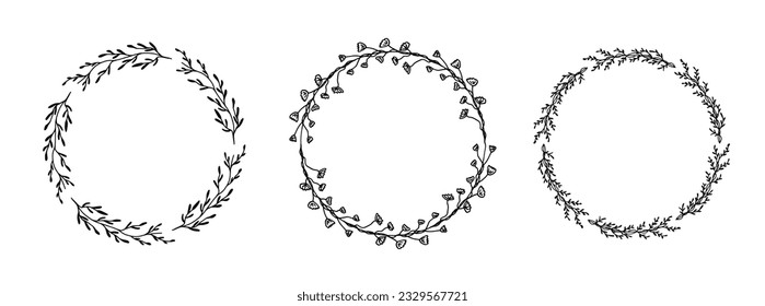 Set of hand drawn circle frame of flowers . Doodle vector illustration round plants, herbs for wedding design, logo and greeting card. Isolated on white background.