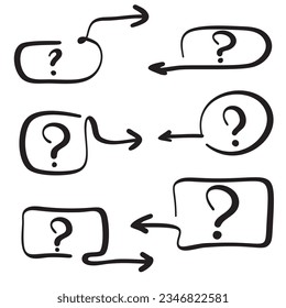 Set of hand drawn circle frame with question marks and arrow with felt-tip pen. Vector illustration hand drawn.